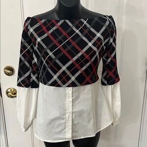 VENUS Black and Red Plaid Off-Shoulder Blouse